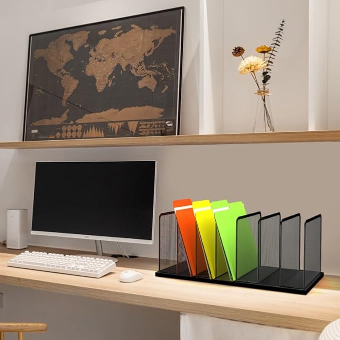 Kuntine.B 7-Section Upright Desk File Organizer Black 1 Pack | Vertical, Mesh, Metal, Assembly, Stability, Sturdiness, Organization, Standing