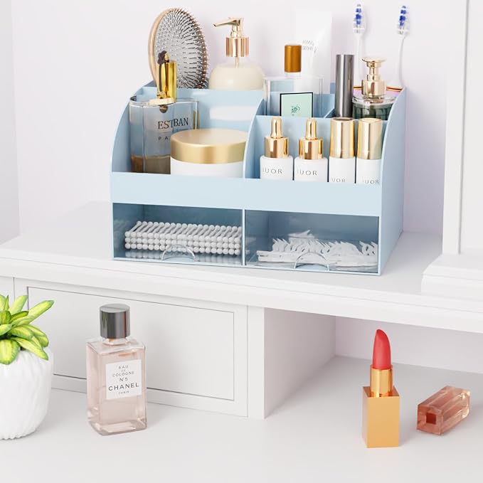 Makeup Organizer with Drawers, Cosmetic Storage for Dresser Vanity and Bathroom Countertop, Beauty Holder for Lipstick Brush, Skincare Organizer for Vanity, Cosmetic Display Case (Blue)