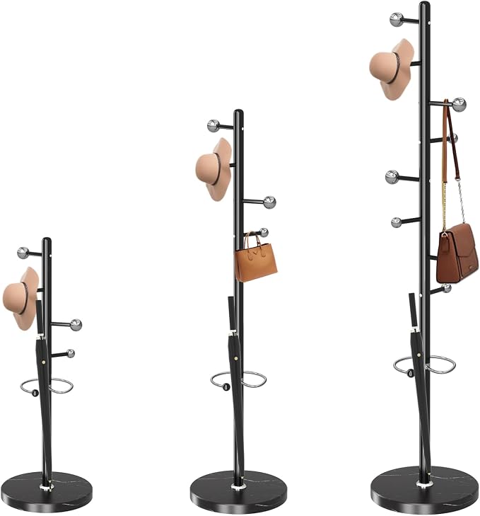 Coat Rack Stand, Black Metal Coat Rack Freestanding with 8 Hooks | Modern Coat Rack with Natural Marble Base,Modern Coat Hanger Stand, 3 Adjustable Coat Clothes Tree Stand for Office