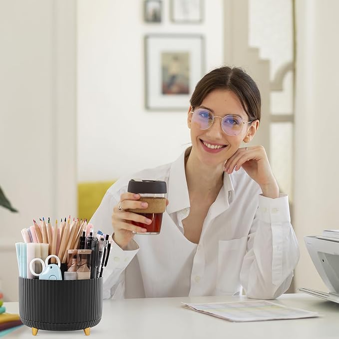 SKYDUE 2 Pack Pen Holder, 360 Degree Rotating Pencil Holder for Desk Organizer, Rotating Desktop Pen Organizer with 5 Slots, Office Supplies, Pencil Cup for Office, School, Home