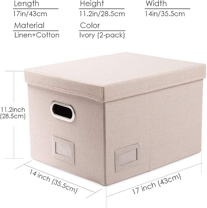 File Organizer Box - Set of 2 Collapsible Decorative Linen Filing Storage Hanging File Folders with Lids Office Cabinet Letter/Legal Size Light Grey (17x14x11.2 inch)