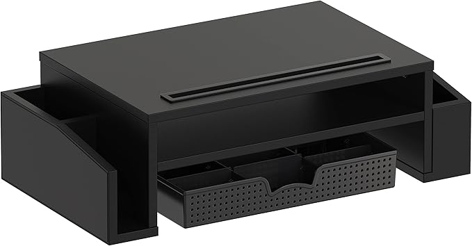 Simple Houseware Desk Monitor Stand Riser w/ Adjustable Tray, Black | Built-In Tablet Slot and Side Storage