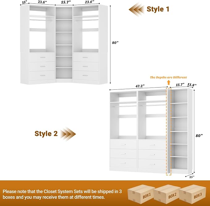 Besiost Closet System with 6 Drawers & 10 Shelves, Corner Closet Organizer System, Reversible Walk-in Closets, (L-Shaped 31.5" L * 31.5" W / I-Shaped 62.9" L * 15" W), Load 1500+LBS, White