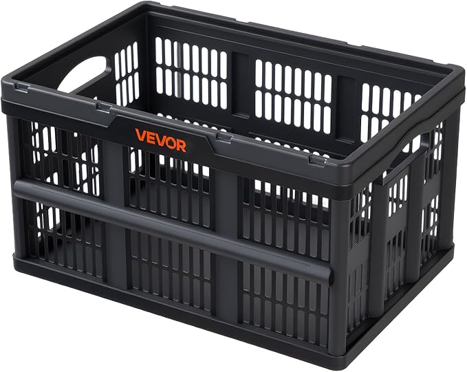 VEVOR Plastic Collapsible Storage Bins, 45L 3 Packs, Stackable Folding Storage Crates with Handles, Holds 33 lbs Per Bin, Foldable Heavy Duty Containers, Space-Saving Baskets, for Home Organizing