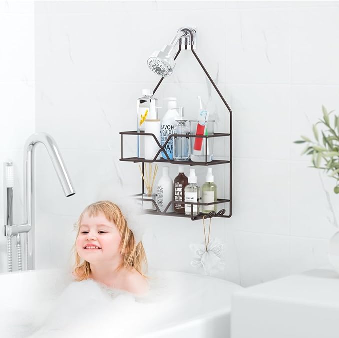 TreeLen Shower Caddy over Shower Head Hanging Bathroom Caddy for Bathroom Organizer 4 Hooks Shampoo Holder-Bronze