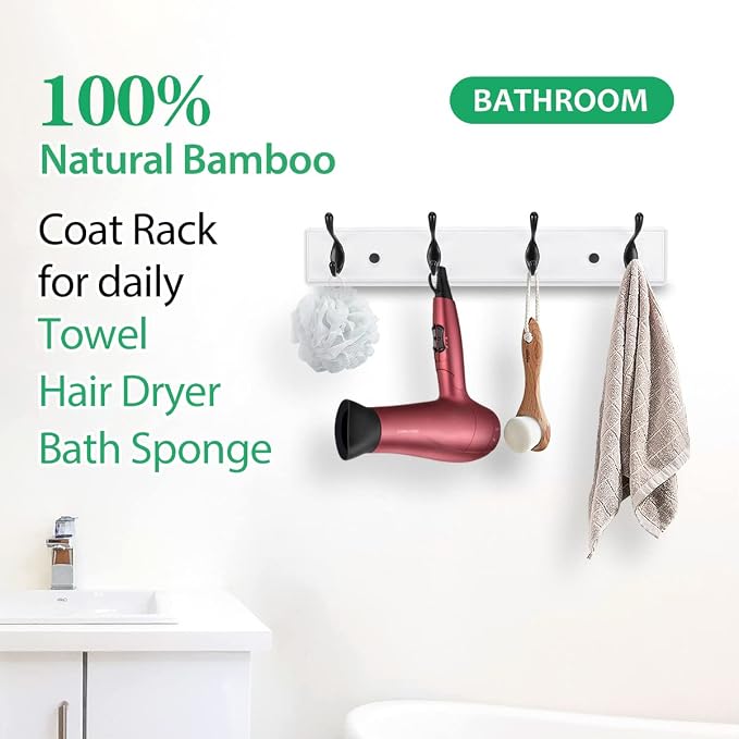 Badiano Wooden Coat Rack, Wall-Mounted Organizer for Closet, Entryway, Hallway, Foyer, Bedroom, Heavy Duty Double Hooks for Hanging Towels, Bags, Hats, Jackets, Key (WhiteBlack, 4 Hooks)