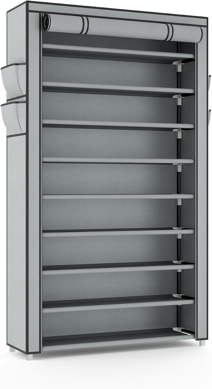 VILICK Shoe Rack with Cover Narrow Shoe Organizer with Pockets 10 Tier Tall Shoe Storage Holds 36-41 Pairs Shoes and Boots Shoe Rack for Closet Entryway Garage, Grey