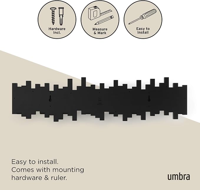 Umbra Sticks Wall Coat Rack, Wall Mount 8 Retractable Hooks, Black | Modern sculptural look, holds five pounds each, fits entryways and bedrooms, easy to install, recycled plastic