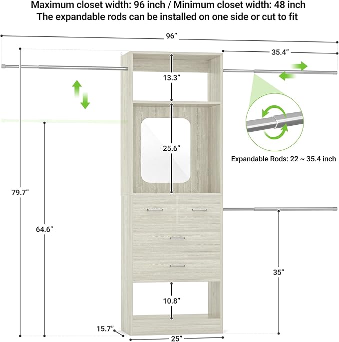 Unikito 8FT Closet System with Mirror and 3 Extendable Hanging Rods | 96 Inch Walk-in Closet Organizer with 25" Tower, 4 Wood Drawers, Customizable and Sturdy Closet Insert, White Oak