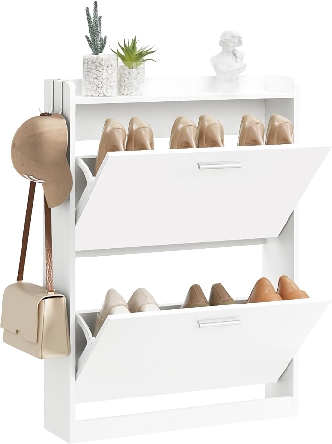 Slim Shoe Cabinet for Entryway with 2 Flip Drawers, 23.6" W White | Freestanding shoe storage cabinet for entryway,foyer and hallway,Narrow design and space-saving flip drawers