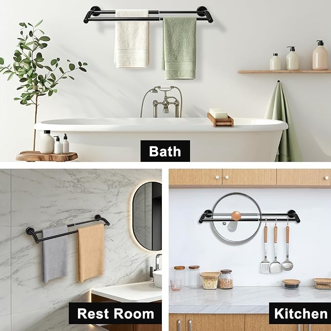 MGahyi Black Telescopic Double Towel Bar Wall Mount 14.5-24.8Inch | Rustproof Towel Rack with Widened Spacing, Scratch-resistant & Durable for Bathroom Kitchen RV