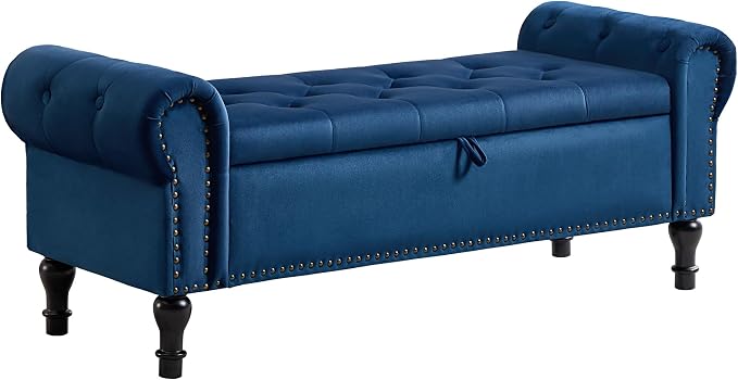 Storage Bench for Bedroom, 51" Upholstered End of Bed Bench, Velvet Queen Size Benches with Rolled Arms, Tufted Button Storage Long Ottoman, Living Room, Entryway, Blue