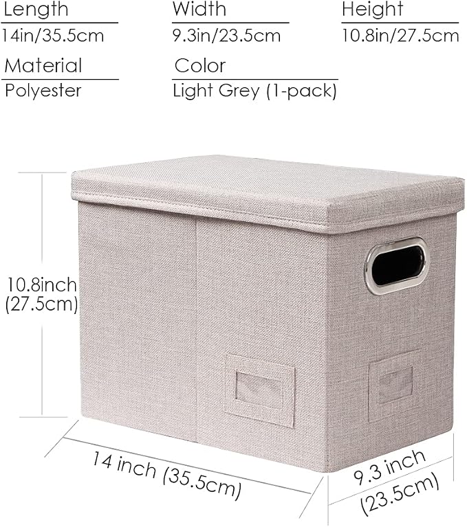 File Organizer Box - Set of 1 Collapsible Decorative Linen Filing Storage Hanging File Folders with Lids Office Cabinet Letter Size Light Grey (14x9.3x10.8 inch)