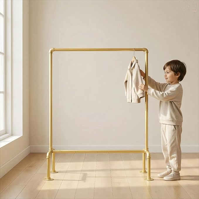 Kids Pipes Dress up Clothing Rack, Kids Clothes Rack, Child Garment Rack | Heavy Duty Hanging Clothes Rod, Toddler Clothing Rack, Baby Clothes Organizer, Girls Storage Wardrobe Organizers, Gold Metal