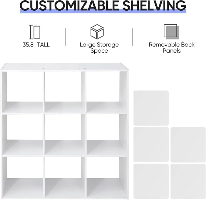 9 Cube Storage Organizer, Wooden Bookshelf Cube Storage, Freestanding Bookcase W/5 Removable Back Panels, Display Shelf Bedroom, Living Room, Home, Office, White