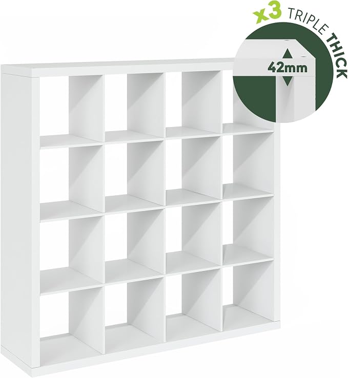 Furinno Cubicle Book Shelf, 16-Cube Bookshelf, Triple Thick Frame Cube Storage Organizer, 1.65" Bookcase, 15.4 x 57.4 x 56.9, for Home Office, Living Room, Plain White