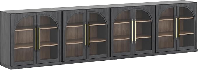 BELLEZE 4-Piece Modular TV Stand Set -Modern Entertainment Center with Arched Glass Door,Sideboards with Storage and Adjustable Shelves,Classic Media Console Table Cabinet for Living Room (Ebony)