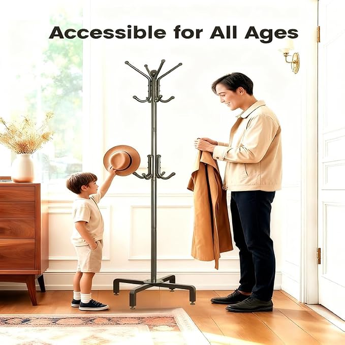 12 Hooks Freestanding Coat Rack Stand, Heavy Duty Metal Coat Tree with Stable Base, 67.7" Tall Black Coat Hanger for Entryway Hallway Bedroom Office, Holds Coats Hats Bags Without Wobbling