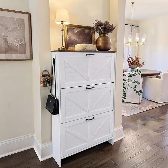 Shoe Cabinet for Entryway, 3 Flip Drawers Shoe Storage Cabinet with 3-Tier Adjustable Shelves, Ultra Slim 9.1" Depth Holds Up to 30 Pairs, Freestanding Hidden Shoe Organizer with Barn Door Design