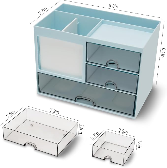 QIYVLOS Desk Organizer with 3 Drawer, Multi-Functional Pencil Pen Holder for Desk, Desk Organizers and Storage with 8 Compartments, Desktop Organizer for Office Home Art Supplies (Blue)