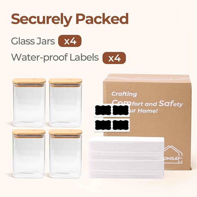 ComSaf Glass Storage Containers wtih Lids 1.2 Qt, Set of 4 Food Storage Jar | Glass Pantry Storage Containers, Rectangle Kitchen Canisters, Bamboo Lid with Silicone Seal, Cereal, Flour, 37oz, BPA Free