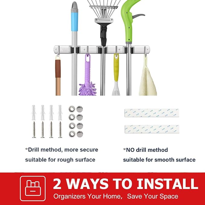 IMILLET Broom Holder Wall Mount Stainless Steel Mop Organizer | 5 Racks 4 Hooks Heavy Duty Garage Organization Storage,Broom and Mop Organizer Wall Hanging Self Adhesive for Laundry Room