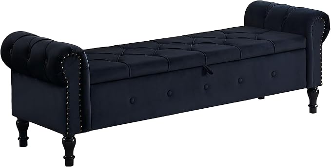 Storage Bench 67" Velvet End of Bed Benches Black | King Size Storage Bench for Bedroom with Rolled Arms Tufted Ottoman Benches Upholstered Bench for Living Room Entryway