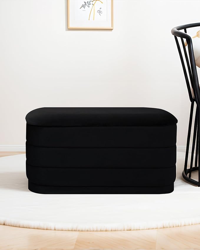 B FSOBEIIALEO Velvet Storage Ottoman with Tray, Folding Ottoman with Storage Coffee Table Shoes Bench for Dorm Room, Living Room Black, 30"x15"x15"