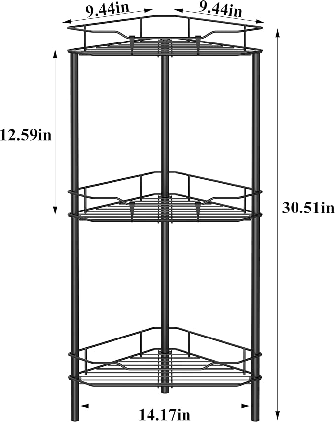 HuggieGems 3 Tier Floor Standing Corner Shower Caddy Organizer Shelf with Hooks, Bathroom Shelves Stand Rack, Matt Black