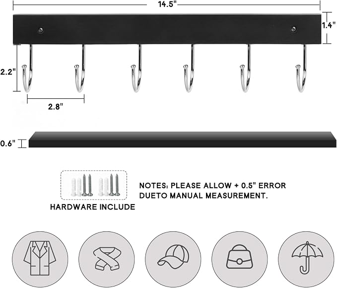 2-Pack Coat Rack Wall Mount, 14.6" Wooden Wall Hooks, 12 Rotating Hooks | Wooden coat rack; for coats, purses, hats, jackets, towels; space-saving entryway, hall & apartment storage, Black