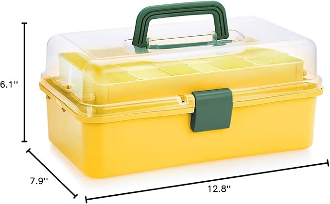BTSKY 3-Layer Plastic Dividing Storage Box Craft Organizer and Storage | Portable Handled Art Supply Organizer with Adjustable Spacers Multipurpose Home Utility Box for Medicine Sewing(Yellow+Green)