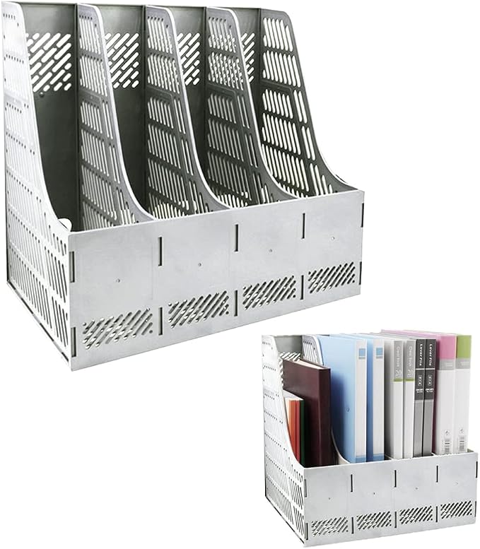 SAYEEC Sturdy Magazine Holder Organizer Desktop 4 Compartment File Holders Frames File Dividers Document Storage Rack Literature Organizer for Office Home School Gray