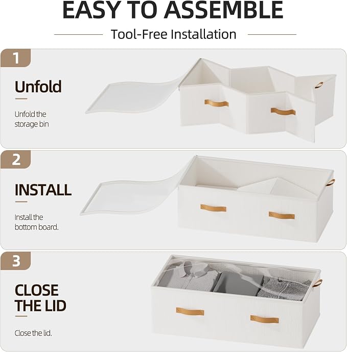 10inch 3 Pack Under Bed Storage Containers, 10 Inch Tall Underbed Clothes Storage Organizer Bin with Clear Window,Foldable Box Basket for Clothes, Closet, Bed Sheets and Blankets White