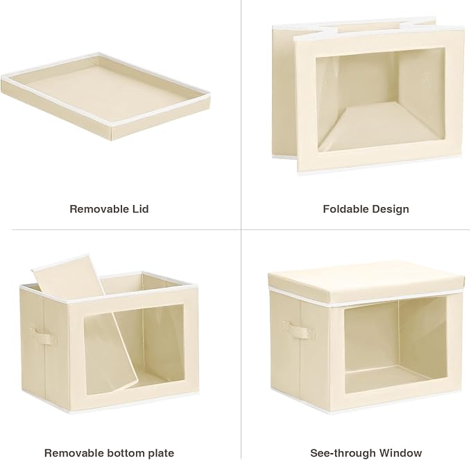Homsorout Fabric Storage Bins with Lids, Storage Cubes with Window, Decorative Storage Boxes Baskets for Organizing, Closet Organizer Storage Bins for Home, Office, 3 Packs, Beige