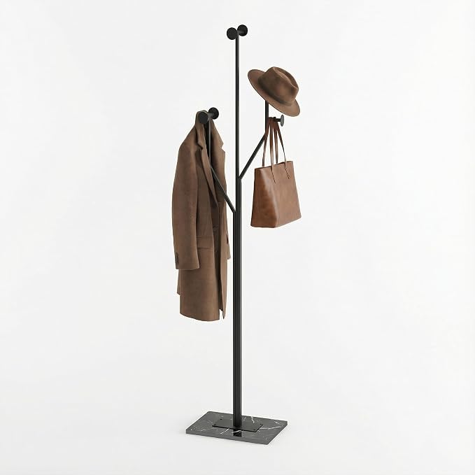 Coat Rack Stand, Freestanding Metal Coat Rack with Sturdy Marble Base, Modern Standing Coat Rack Tree with 8 Hooks for Entryway, Bedroom, Office & Hallway, Space-Saving Design, Black, 68.9 Inches Tall