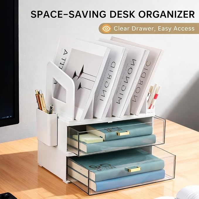 CiWiVOKi Desk Organizer with 4 File Slots and 2 Drawers, White | Desktop organizer with dual pen holders for storing files, mail, notebooks and office supplies in home or office use