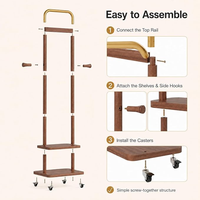 Solid Rubberwood Coat Rack โ 71.2" Tall Standing Rack with Locking Wheels, 2-Tier Shelves & Side Hooks, Slim Hall Tree for Entryway or Bedroom (Walnut Brown 15.7" W x 71.2" H)
