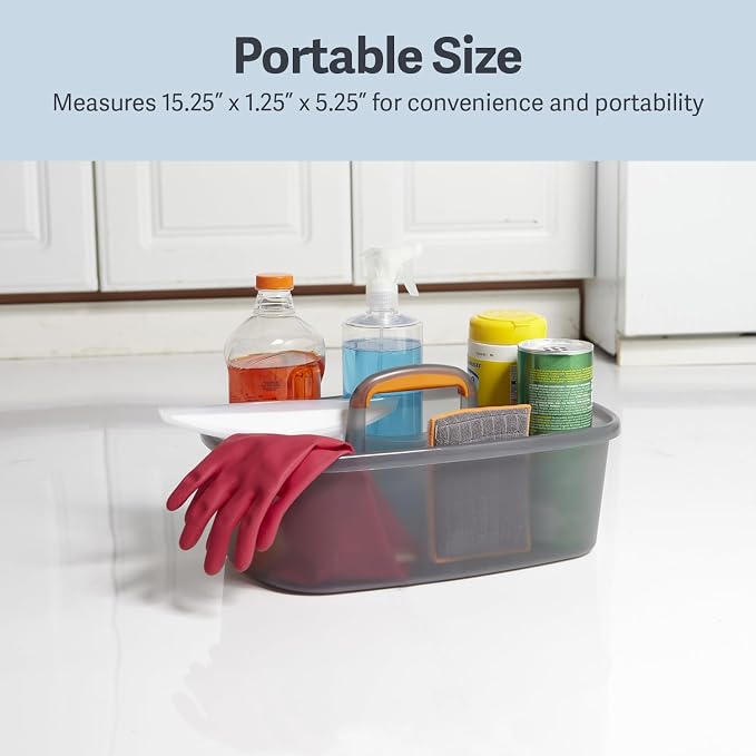 Casabella Cleaning Storage Caddy with Handle Plastic Multipurpose Organizer, Rectangle, 1.85-Gallon, Gray