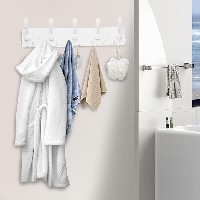 Kuhome Coat Rack Wall Mount Coat Hooks Wooden Hat Rack for Wall Hooks Pine Real Wood Plank 16.9" White Coat Hanger with 5 White Triple Hooks for Hanging Coat Hat Jacket
