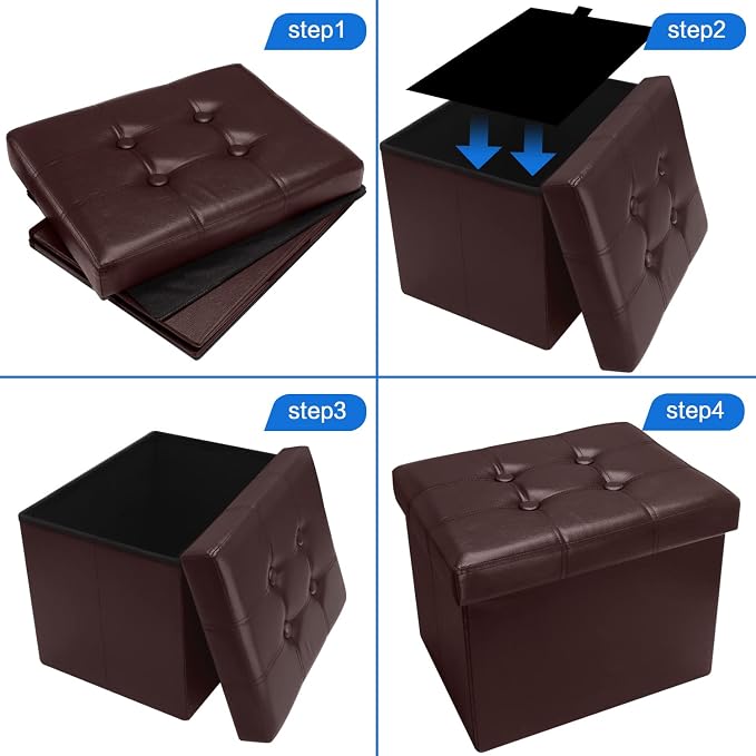 Bsketa 2PC Storage Ottoman, Folding Foot Stool with Thicker Foam Padded Seat Small Leather Storage Ottoman Bench Foot Rest for Living Room Foldable Coffee Table 17x13x13in,Brown | Ottoman with Storage, Thicker Foam Padded Seat, Living Room, Dorm, Bedro...
