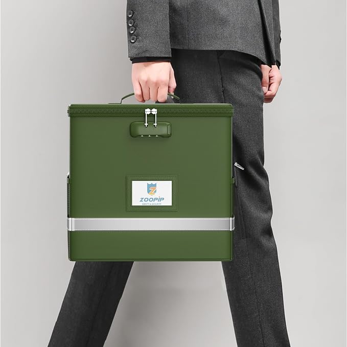 Fireproof File Box with Lock, Collapsible Document Organizer, Green | Suitable for Hanging Folders in Letter Size, Reflective Strip for Fast Find, Home Office Safe Protection,12.2"x6"x10.2"
