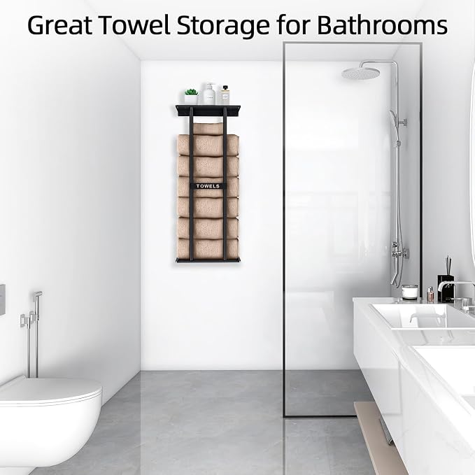 STWWO Towel Racks for Bathroom, Bathroom Towel Storage Wall Mounted 30 inch with Shelf Can Holds 6 Large Towels, Wall Towel Rack for Rolled Towels, Black