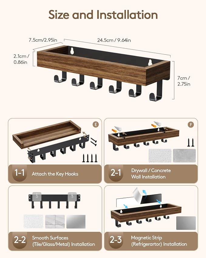 Key Holder Wall Mount Magnetic Adhesive, Key Hooks Rack with Shelf | Key Hanger with Mail Organizer for RV Camper Fridge Living Room Decor, Home Essentials, Rustic