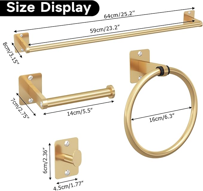 KLJKPA Bathroom Accessories Set, 4-Piece Gold Bathroom Hardware Set | 24 inch Towel Bar, Towel Racks for Bathroom, Robe Towel Hooks, Toilet Paper Holder Wall Mounted