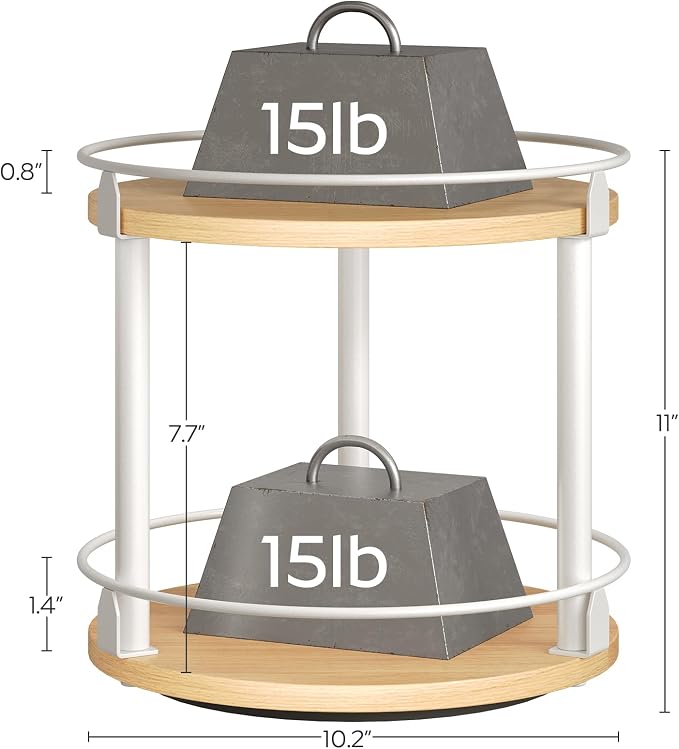YATINEY Lazy Susan Organizer, Rotating Spice Rack, 2 Tier Spice Turntable Organizer, Industrial Turntable Spice Holder, for Kitchen Countertop, Compact and Versatile, White and Natural SR22WN