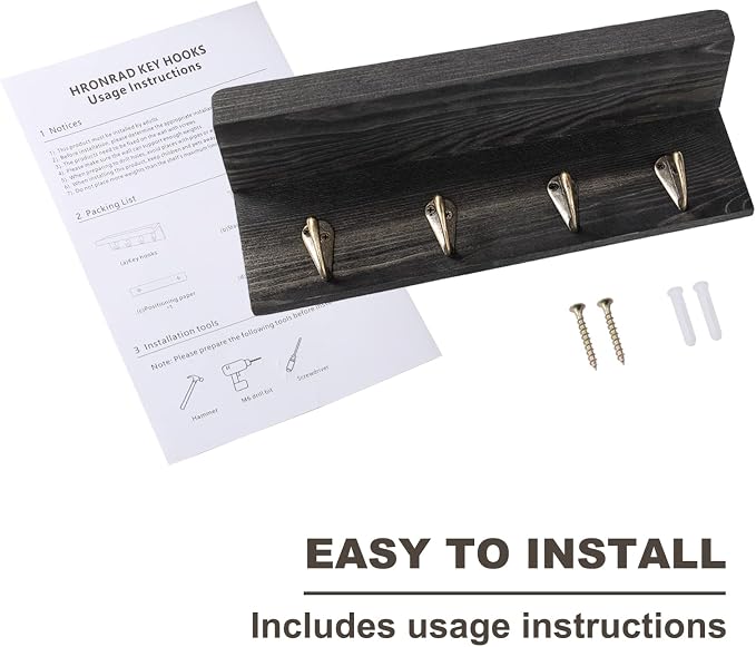 HRONRAD Rustic Key Holder for Wall, Farmhouse Wall Shelf with 4 Hooks, Wall Mounted Key Racks, Wooden Mail Organizer with Hooks for Entryway (Black - Pine)
