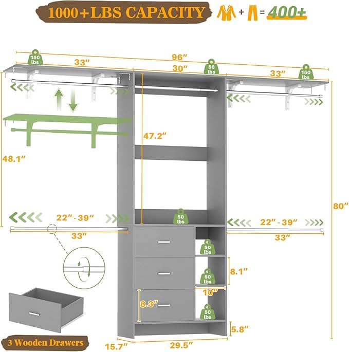 Aheaplus Closet System, Closet Organizer with 3 Wooden Drawers, 8FT Closet Organizer System, 96’’ Walk-in Closet Wardrobe Clothes Rack with Hanging Rods, Garment Rack, Fits 5.3-9 ft, -G6, Grey