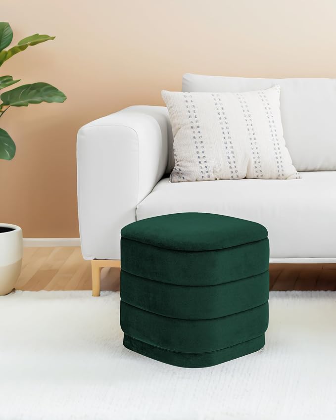 B FSOBEIIALEO Velvet Storage Ottoman with Tray, Square Folding Ottoman with Storage Coffee Table Foot Rest for Dorm Room, Living Room Bottle Green, 15"x15"x15"