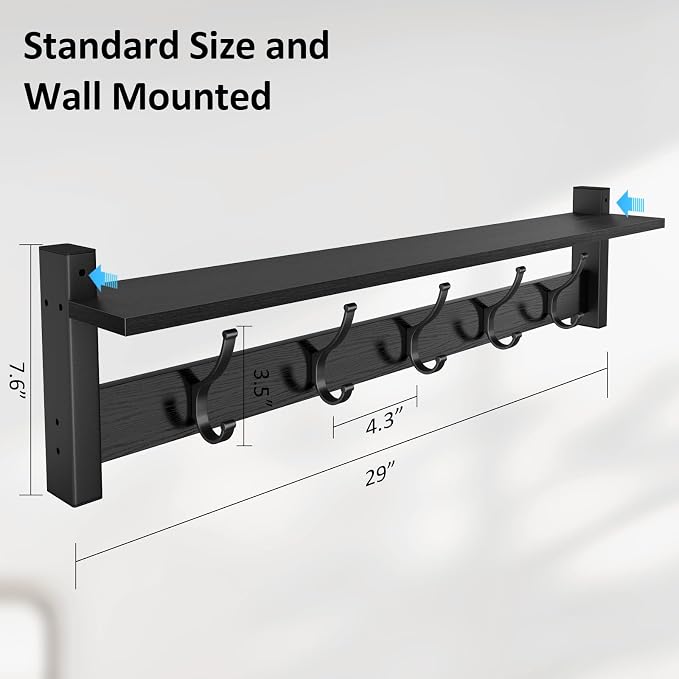 Optish Coat Rack Wall Mount with Shelf, 29 Inch Coat Hanger Walls Mounted, Hat Rack for Walls, Shelf with 5 Coat Hooks, Wall Hanger for Entryway (Black)