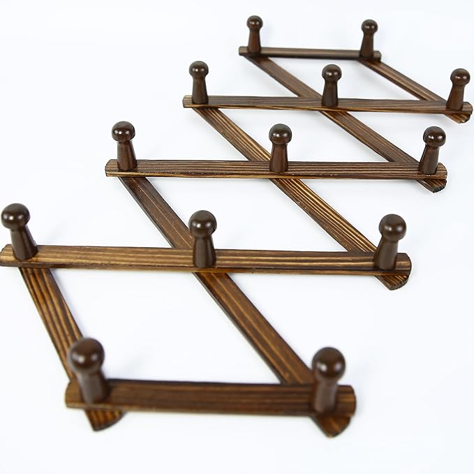 AMAPON Accordion Wall Hanger Expandable Coat Hat Rack 13 Peg Hook (Walnut) | Hang Hats Jackets Coffee Mug Purses Necklaces Towels Cap Leash Scarves Data Line Kitchenware